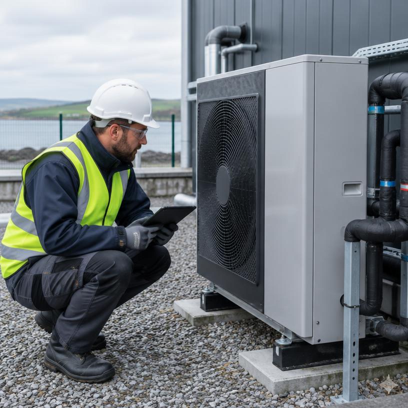 Technician inspecting a heat pump